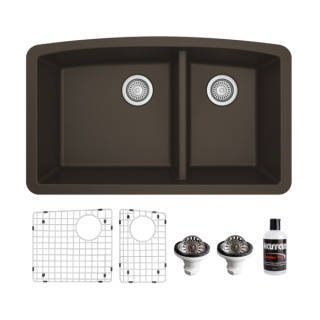 Undermount Quartz Composite 32" 60/40 Double Bowl Kitchen Sink Kit in Brown