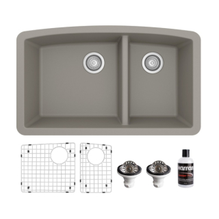 Undermount Quartz Composite 32" 60/40 Double Bowl Kitchen Sink Kit in Concrete