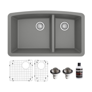 Undermount Quartz Composite 32" 60/40 Double Bowl Kitchen Sink Kit in Grey