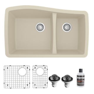 Undermount Quartz Composite 33" 60/40 Double Bowl Kitchen Sink Bottom Grids and Strainers in Bisque
