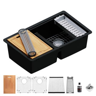 Karran QUWS-880 Undermount 32-1/2" Double Equal 50/50 Bowl Workstation Kitchen Sink in Black