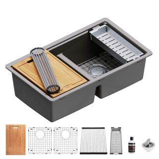Karran QUWS-880 Undermount 32-1/2" Double Equal 50/50 Bowl Workstation Kitchen Sink in Concrete