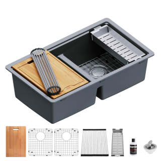 Karran QUWS-880 Undermount 32-1/2" Double Equal 50/50 Bowl Workstation Kitchen Sink in Grey