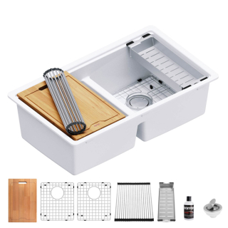 Karran QUWS-880 Undermount 32-1/2" Double Equal 50/50 Bowl Workstation Kitchen Sink in White