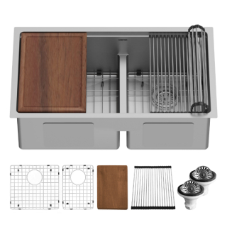 Karran 32" Undermount Double Bowl 60/40 Stainless Steel Workstation Sink