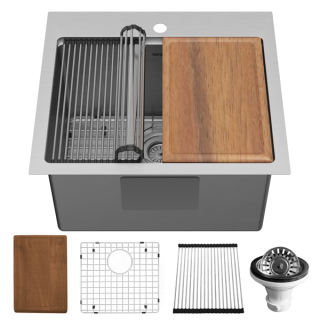 Karran Elite WST-22-PK1 Top Mount 25" Single Bowl Stainless Steel Workstation Kitchen Sink with Deeper Bowl