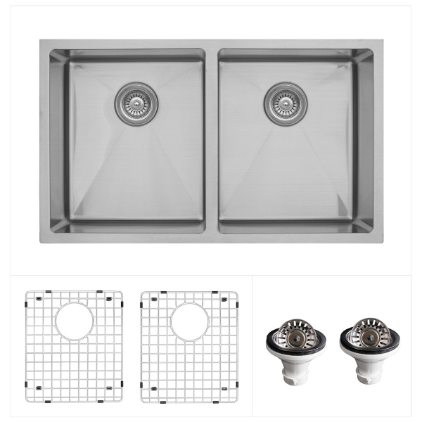 32" Undermount Double Equal Bowl Stainless Steel Kitchen Sink Kit