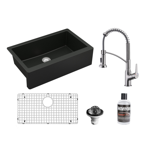 All-in-One Farmhouse/Apron-Front Quartz 34" Single Bowl Kitchen Sink in Black with Faucet KKF210 in Stainless Steel