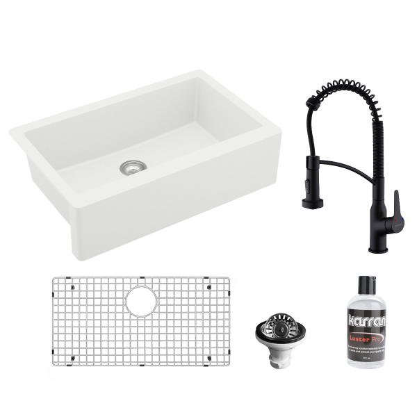 All-in-One Apron Front/Farmhouse Quartz 34" Single Bowl Kitchen Sink in White with Faucet KKF210 in Matte Black