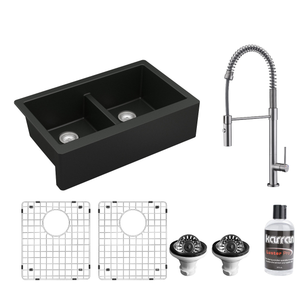 All in One Apron Front/Farmhouse Quartz 34" Double Bowl 50/50 Kitchen Sink in Black with Faucet KKF220 in Stainless Steel