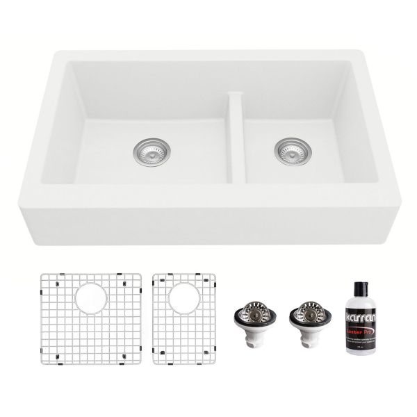 Retrofit Farmhouse/Apron-Front Quartz Composite 34" Double Offset Bowl Kitchen Sink Kit in White