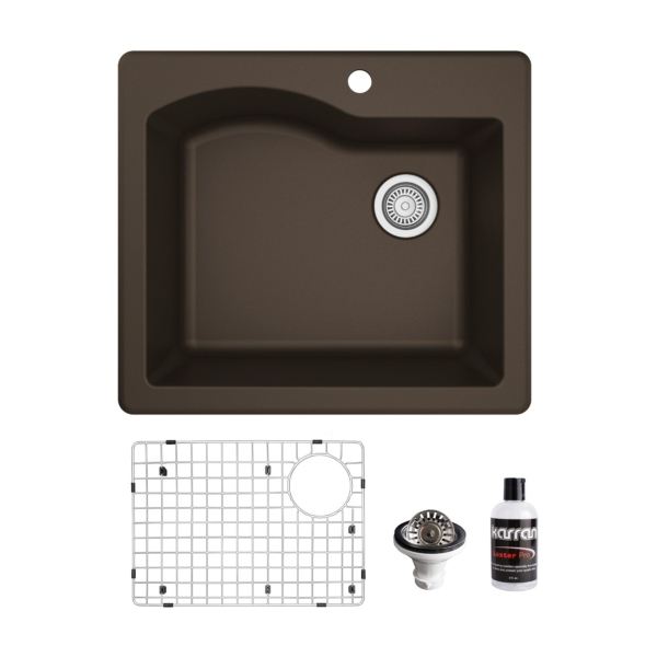 Drop-In Quartz Composite 25" Single Bowl Kitchen Sink Kit in Brown