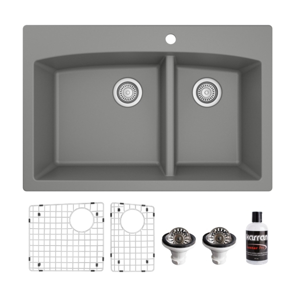 Drop-In Quartz Composite 33" 60/40 Double Bowl Kitchen Sink Kit in Grey