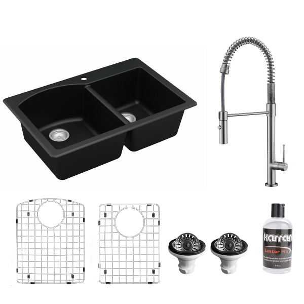 All in One Drop-In Quartz 33" 1-Hole 60/40 Double Bowl Kitchen Sink in Black with KKF220 Faucet in Stainless Steel