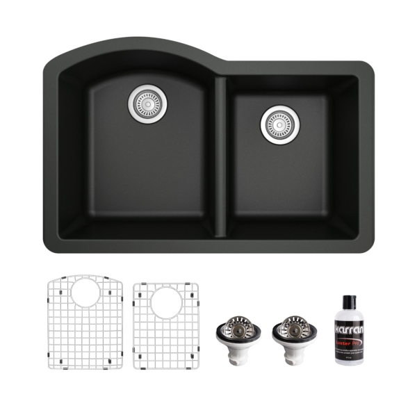 Undermount Quartz Composite 32" 60/40 Double Bowl Kitchen Sink Kit in Black