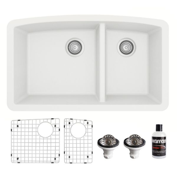 Undermount Quartz Composite 32" 60/40 Double Bowl Kitchen Sink Kit in White