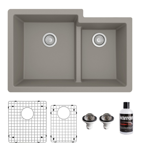 Karran 32" Undermount Large/Small Bowl Quartz Kitchen Sink Kit in Concrete