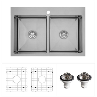 33" Top Mount Double Equal Bowl Stainless Steel Kitchen Sink Kit