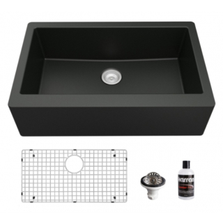 Farmhouse/Apron-Front Quartz Composite 34" Single Bowl Kitchen Sink Kit in Black