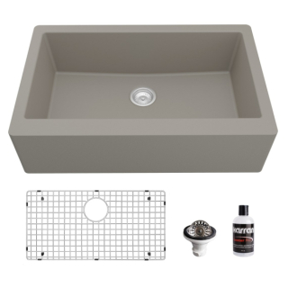Farmhouse/Apron-Front Quartz Composite 34" Single Bowl Kitchen Sink Kit in Concrete