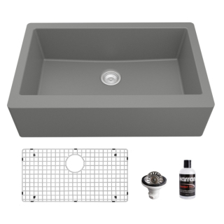 Farmhouse/Apron-Front Quartz Composite 34" Single Bowl Kitchen Sink Kit in Grey