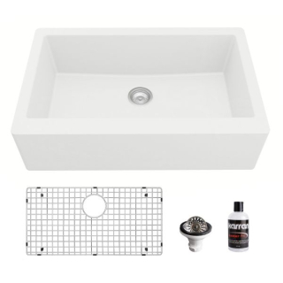 Farmhouse/Apron-Front Quartz Composite 34" Single Bowl Kitchen Sink Kit in White