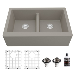 Double Equal Bowl Undermount Apron Front/Farmhouse Residential Kitchen Sink Kit in Concrete