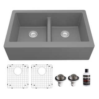 Double Equal Bowl Undermount Apron Front/Farmhouse Residential Kitchen Sink Kit in Grey