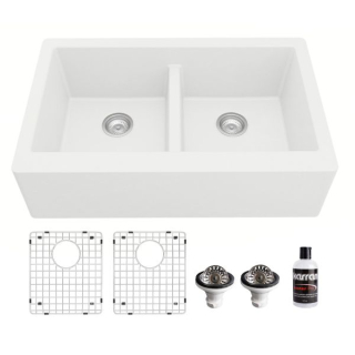 Double Equal Bowl Undermount Apron Front/Farmhouse Residential Kitchen Sink Kit in White