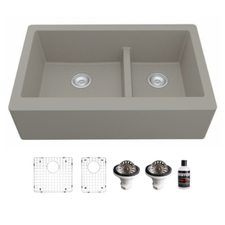 Farmhouse Apron Front Quartz Composite 34" Double Offset Bowl Kitchen Sink Kit in Concrete