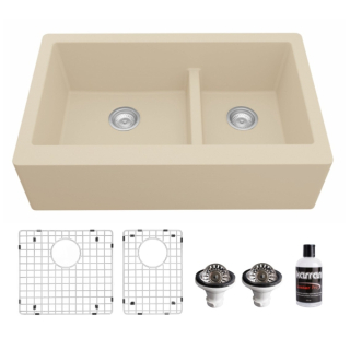 Farmhouse Apron Front Quartz Composite 34" Double Offset Bowl Kitchen Sink Kit in Bisque