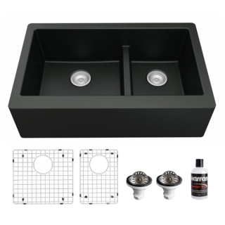 Farmhouse Apron Front Quartz Composite 34" Double Offset Bowl Kitchen Sink Kit in Black
