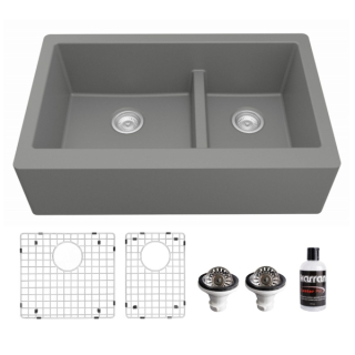 Farmhouse Apron Front Quartz Composite 34" Double Offset Bowl Kitchen Sink Kit in Grey