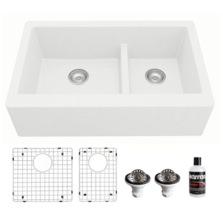 Farmhouse Apron Front Quartz Composite 34" Double Offset Bowl Kitchen Sink Kit in White