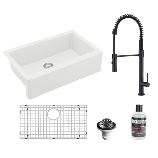 All-in-One Apron Front/Farmhouse Quartz 34" Single Bowl Kitchen Sink in White with Faucet KKF220 in Matte Black