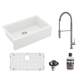 All-in-One Apron Front/Farmhouse Quartz 34" Single Bowl Kitchen Sink in White with Faucet KKF220 in Stainless Steel