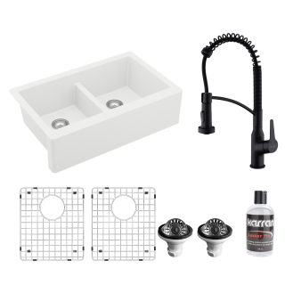 All in One Apron Front Quartz 34" Double Bowl 50/50 Kitchen Sink in White with Faucet KKF210 in Matte Black