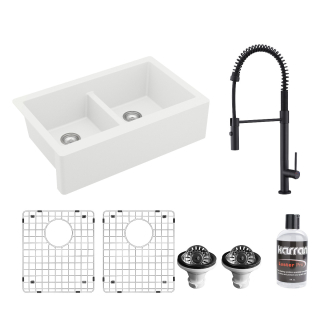 All in One Apron Front Quartz 34" Double Bowl 50/50 Kitchen Sink in White with Faucet KKF220 in Matte Black