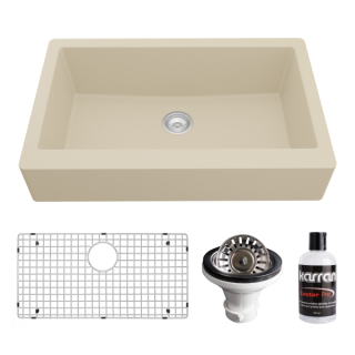 Retrofit Farmhouse/Apron-Front Quartz Composite 34" Single Bowl Kitchen Sink Kit in Bisque