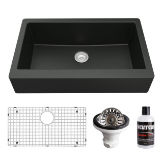 Retrofit Farmhouse/Apron-Front Quartz Composite 34" Single Bowl Kitchen Sink Kit in Black