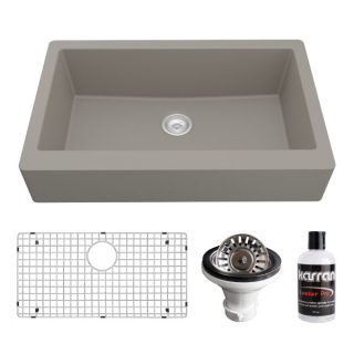 Retrofit Farmhouse/Apron-Front Quartz Composite 34" Single Bowl Kitchen Sink Kit in Concrete