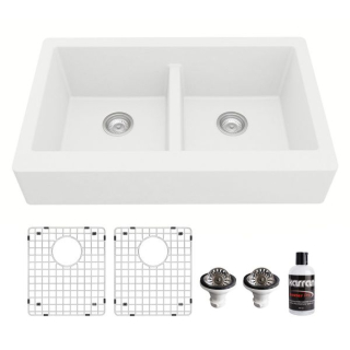 Retrofit Farmhouse Apron Front Quartz Composite 34" Double Bowl Kitchen Sink Kit in White