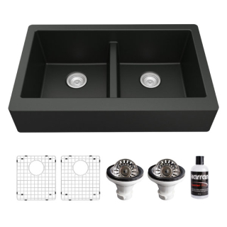 Retrofit Farmhouse Apron Front Quartz Composite 34" Double Bowl Kitchen Sink Kit in Black