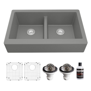 Retrofit Farmhouse Apron Front Quartz Composite 34" Double Bowl Kitchen Sink Kit in Grey