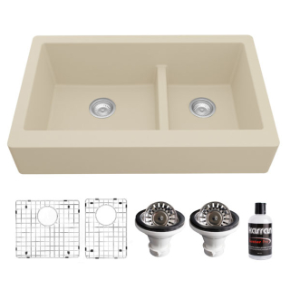 Retrofit Farmhouse/Apron-Front Quartz Composite 34" Double Offset Bowl Kitchen Sink Kit in Bisque