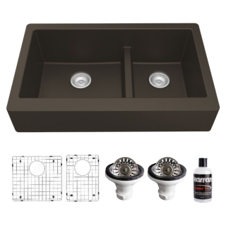 Retrofit Farmhouse/Apron-Front Quartz Composite 34" Double Offset Bowl Kitchen Sink Kit in Brown