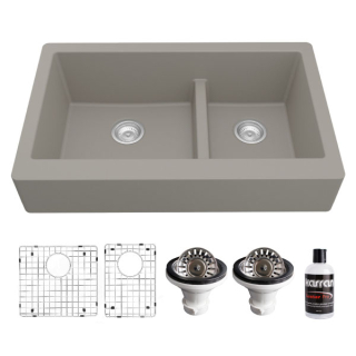Retrofit Farmhouse/Apron-Front Quartz Composite 34" Double Offset Bowl Kitchen Sink Kit in Concrete