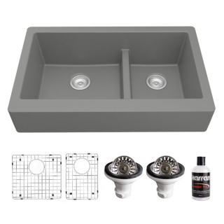 Retrofit Farmhouse/Apron-Front Quartz Composite 34" Double Offset Bowl Kitchen Sink Kit in Grey