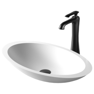 Karran Quattro QM160 Matte White Acrylic 23" Oval Bathroom Vessel Sink with Faucet and drain in Matte Black