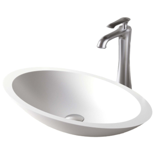 Karran Quattro QM160 Matte White Acrylic 23" Oval Bathroom Vessel Sink with Faucet and drain in Stainless Steel
